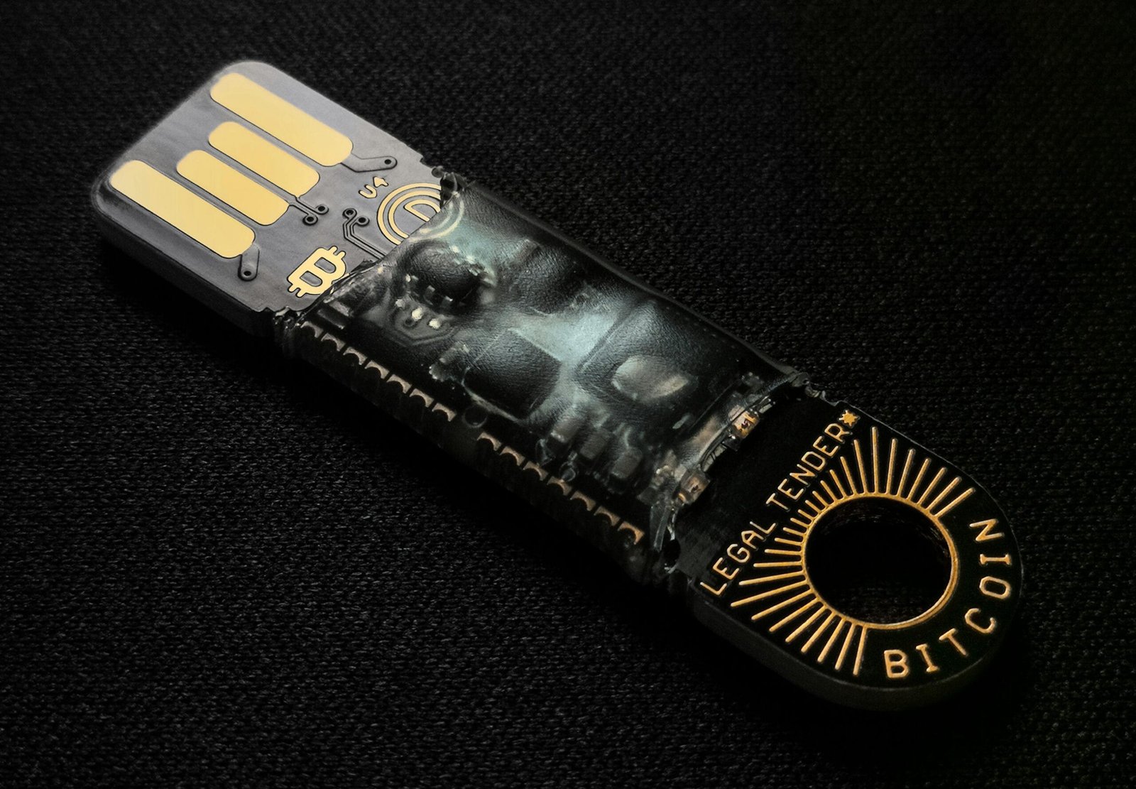 A detailed close-up of a Bitcoin-themed USB device on a black background.