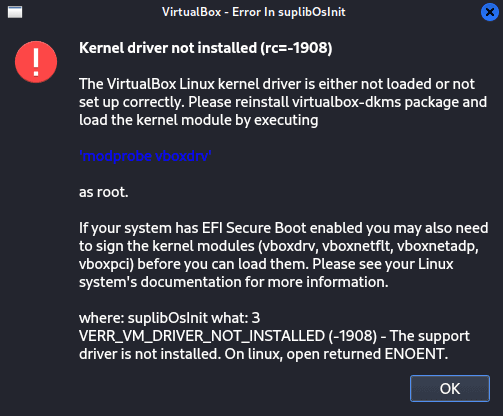 VirtualBox : Erreur « Kernel driver not installed (rc=-1908) » sous Linux